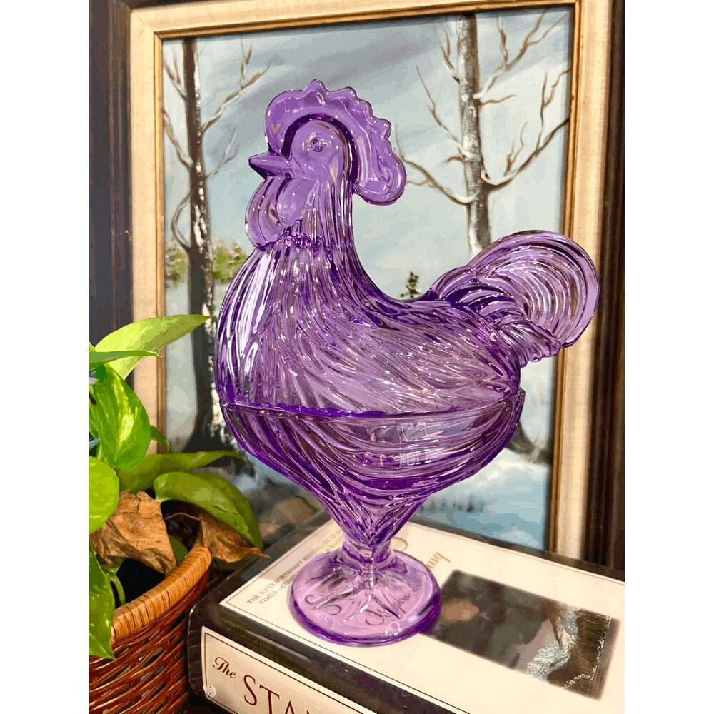 Kbndieu Purple Glass Rooster Candy Jar / Covered Candy Dish